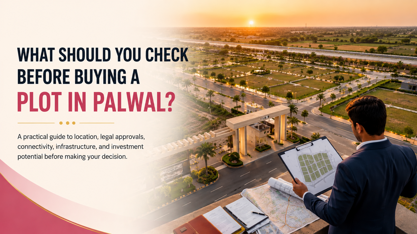 Investor reviewing a site plan before buying a residential plot in Palwal, overlooking a modern plotted township with wide roads, landscaped infrastructure, and future development opportunities.