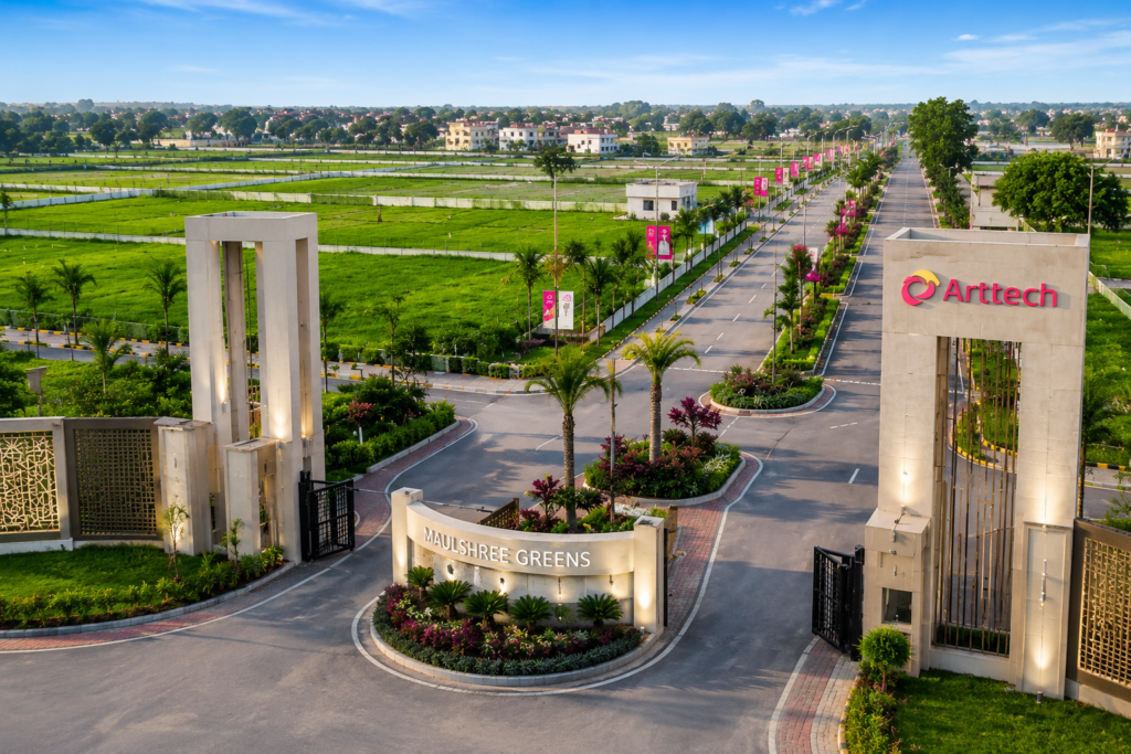 Residential plots at Arttech Maulshree Greens Palwal with modern township entrance, wide roads, green landscapes, and planned infrastructure.